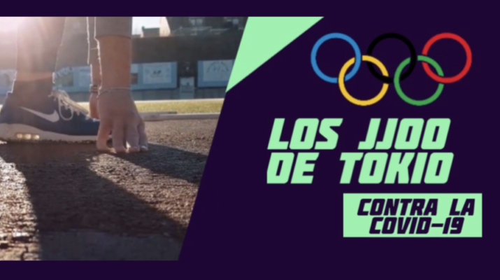 Cartel de Juegos Olímpicos Tokio contra la Covid-19, a la izquierda una foto de una pierna con una zapatilla de Nike azul en una pista de atletismo, a la derecha los aros de los Juegos Olímpicos con el titular de Los JJ.OO. de Tokio contra la Covid-19