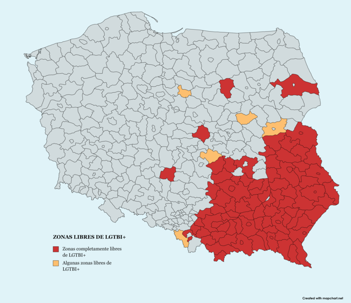 Mapa de las diferentes regiones de Polonia: en rojo, las zonas completamente anti LGTBI+; en naranja, zonas que tienen solo algunas medidas anti LGTBI+.